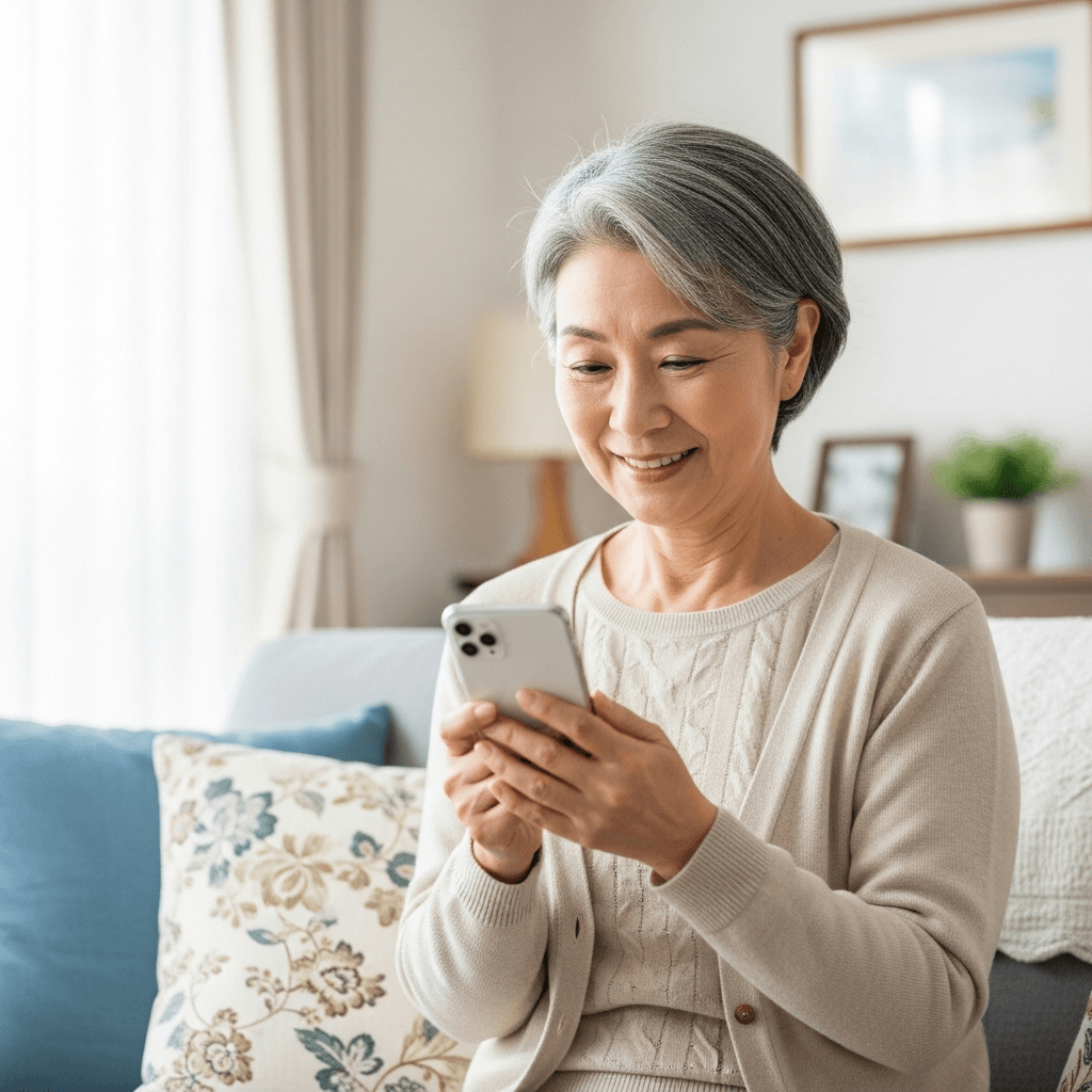 スマートフォンでLINEを使う高齢者